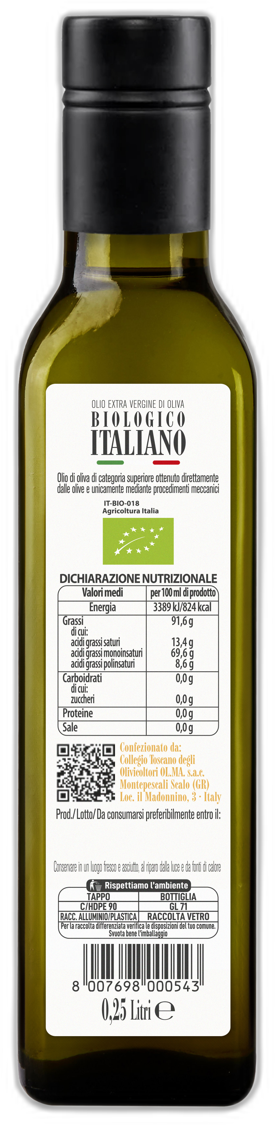 Bottiglia 0,25 Litri "Dotto" - Olio Extravergine di Oliva Biologico (Conf. 12 Pz.)