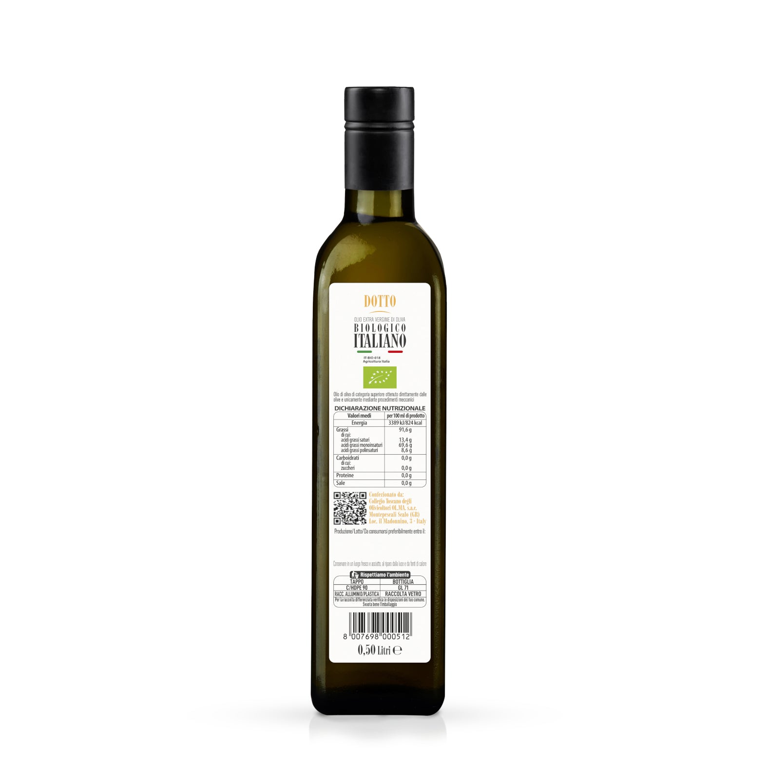 Bottiglia 0,50 Litri "Dotto" - Olio Extravergine di Oliva Biologico (Conf. 6 Pz.)
