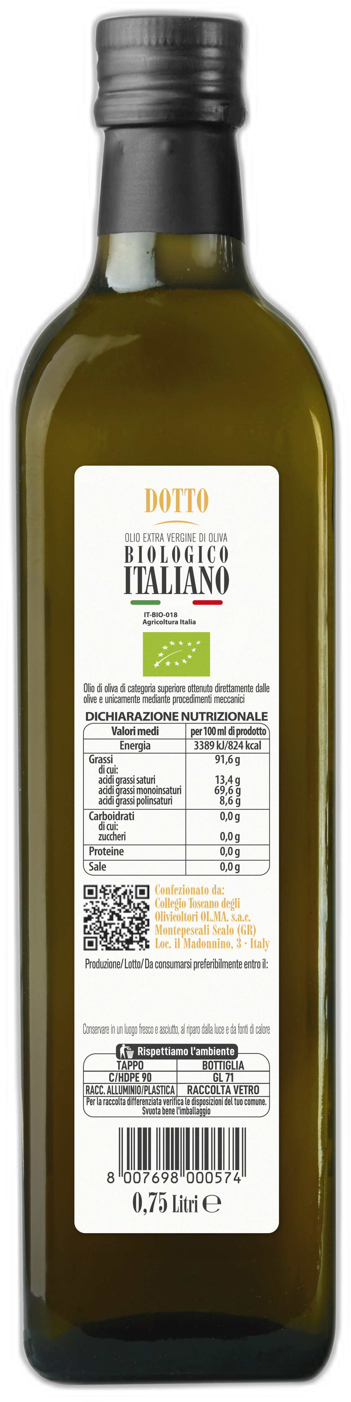 Bottiglia 0,75 Litri "Dotto" - Olio Extravergine di Oliva Biologico (Conf. 6 Pz)