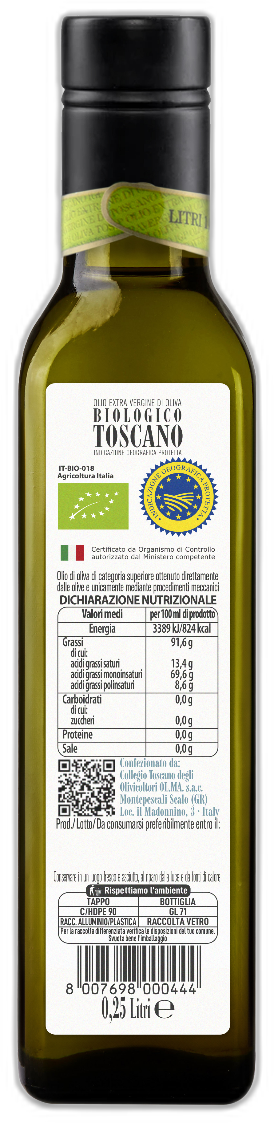 Bottiglia 0,25 Litri "Novale" - Olio Extravergine di Oliva Toscano IGP Biologico - Tappo Antirabbocco (Conf. 6 Pz.)