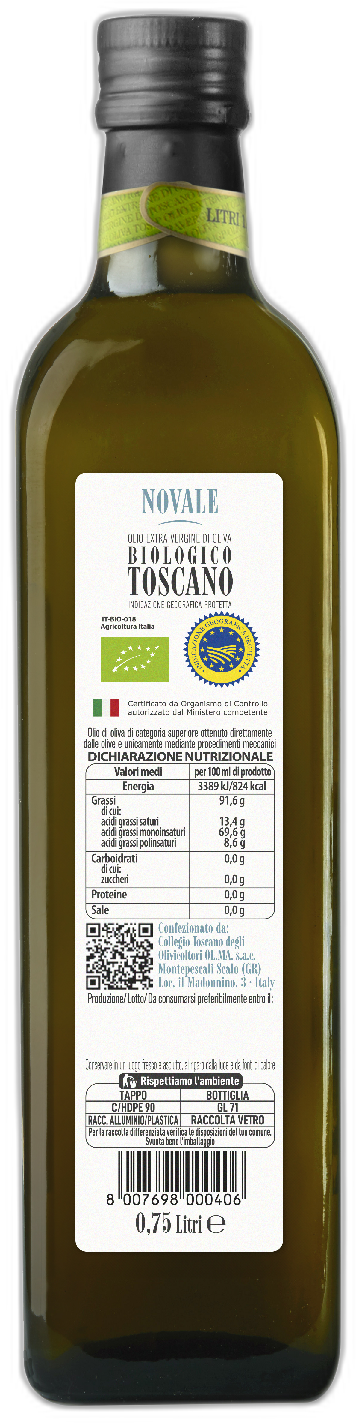 Bottiglia 0,75 Litri "Novale" - Olio Extravergine di Oliva Toscano IGP Biologico - Tappo Antirabbocco (Conf. 6 Pz.)